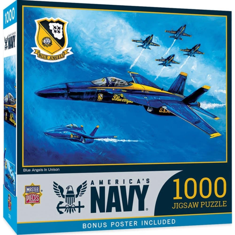Jigsaw puzzle box featuring Blue Angels aircraft against a blue sky with 'America's Navy' branding.