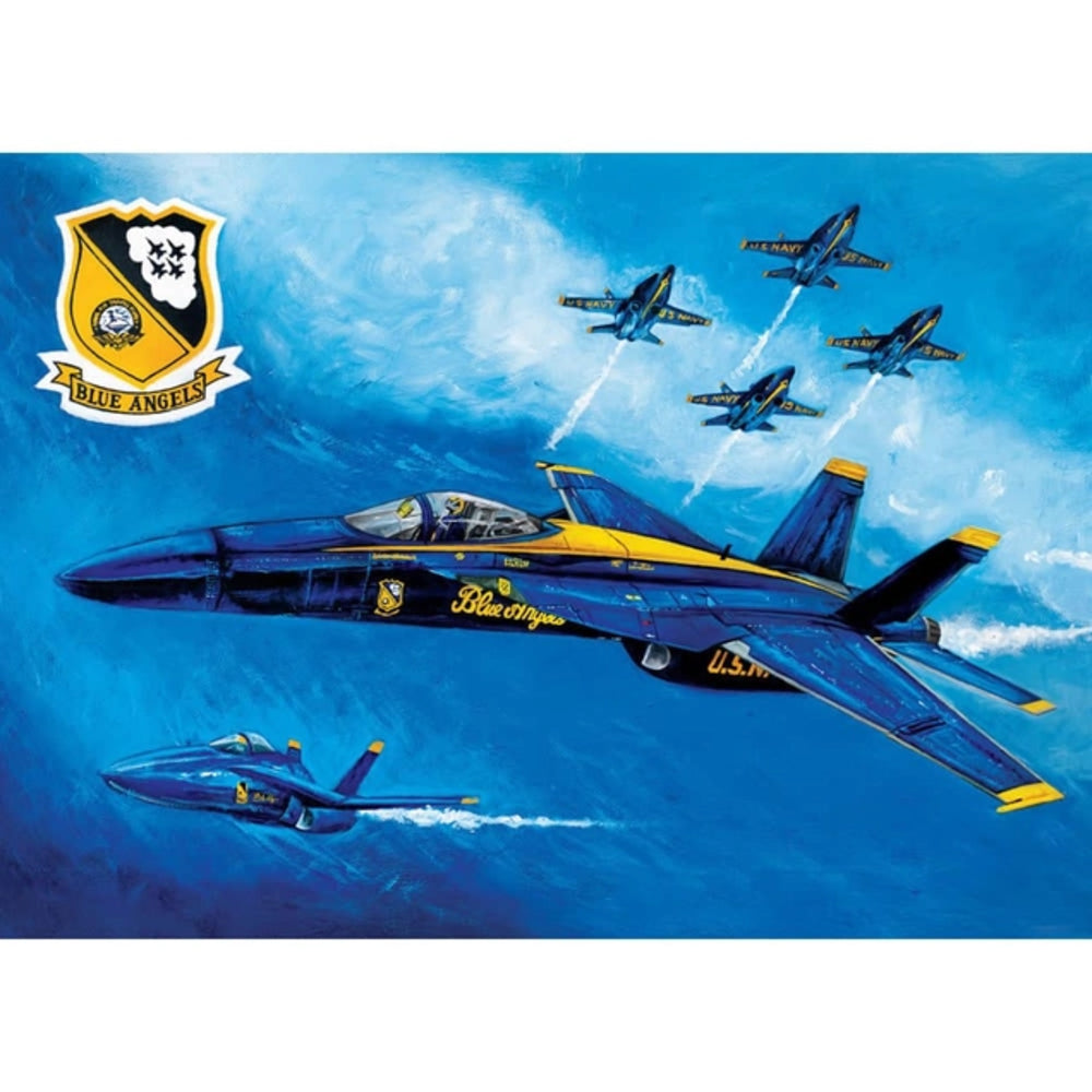Blue Angels jets flying in formation with a Blue Angels logo above.