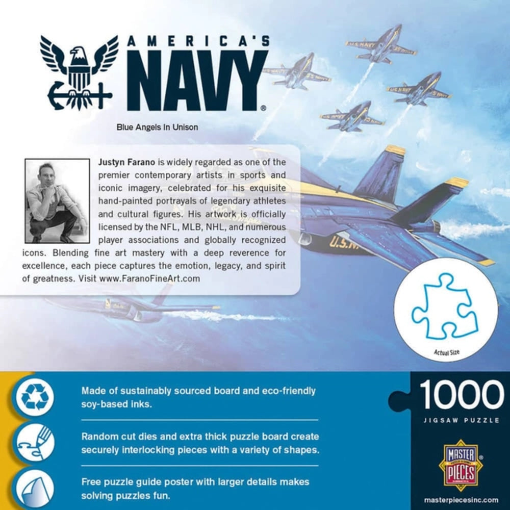 Jigsaw puzzle packaging featuring Blue Angels aircraft and 'America's Navy' branding.