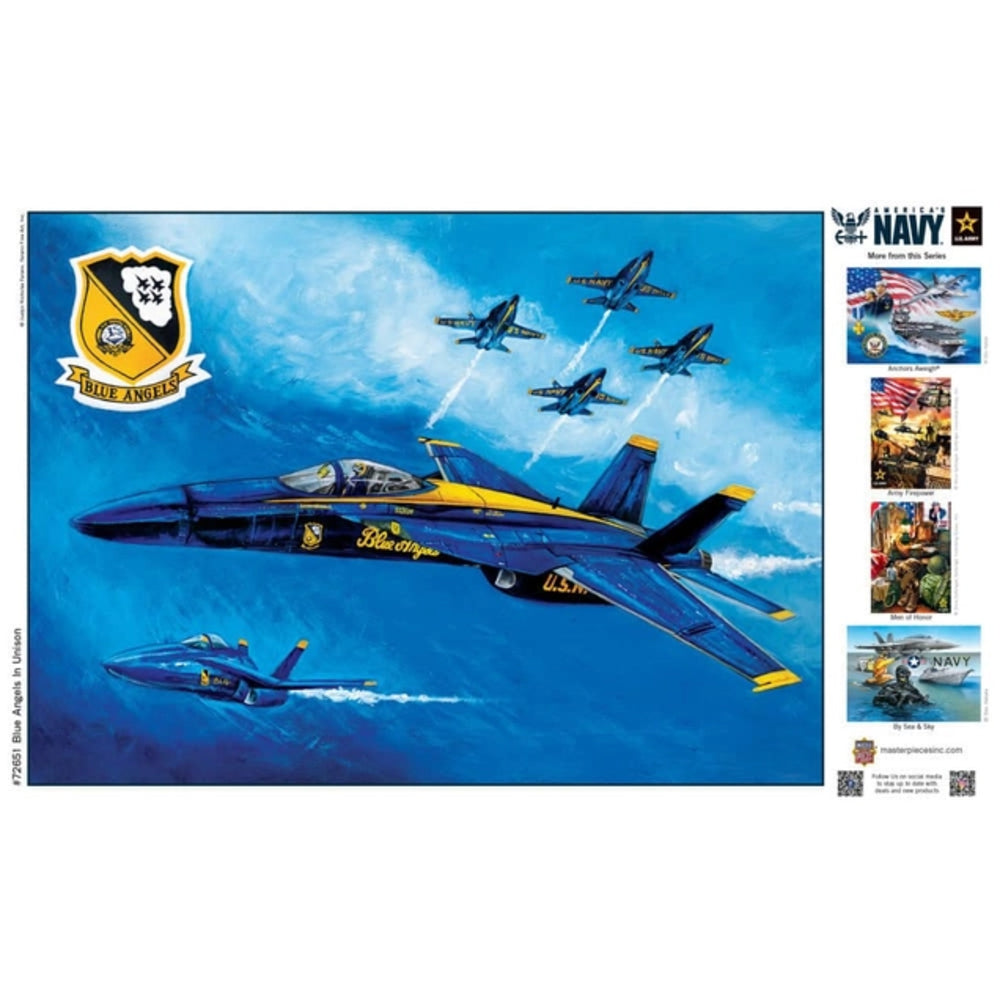Blue Angels jets flying in formation against a blue sky with a Navy logo on the left.