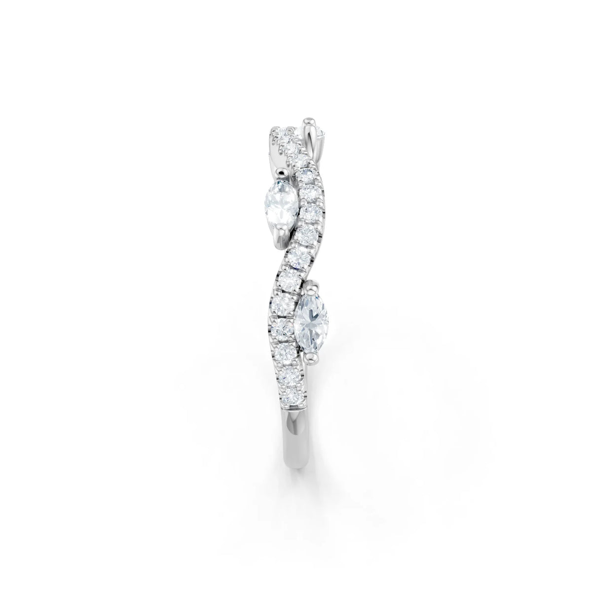 A silver-tone twisted band ring featuring marquise-cut and round-cut clear gemstones, shown on a plain white background.