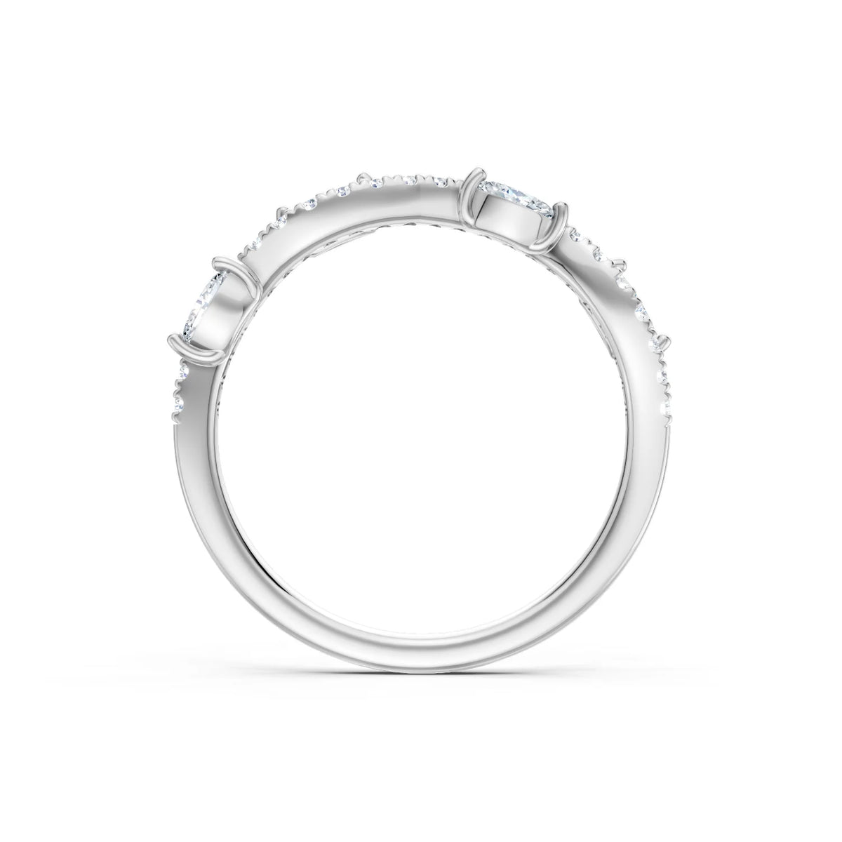 A silver three-stone diamond ring shown from the side profile on a clean white background.