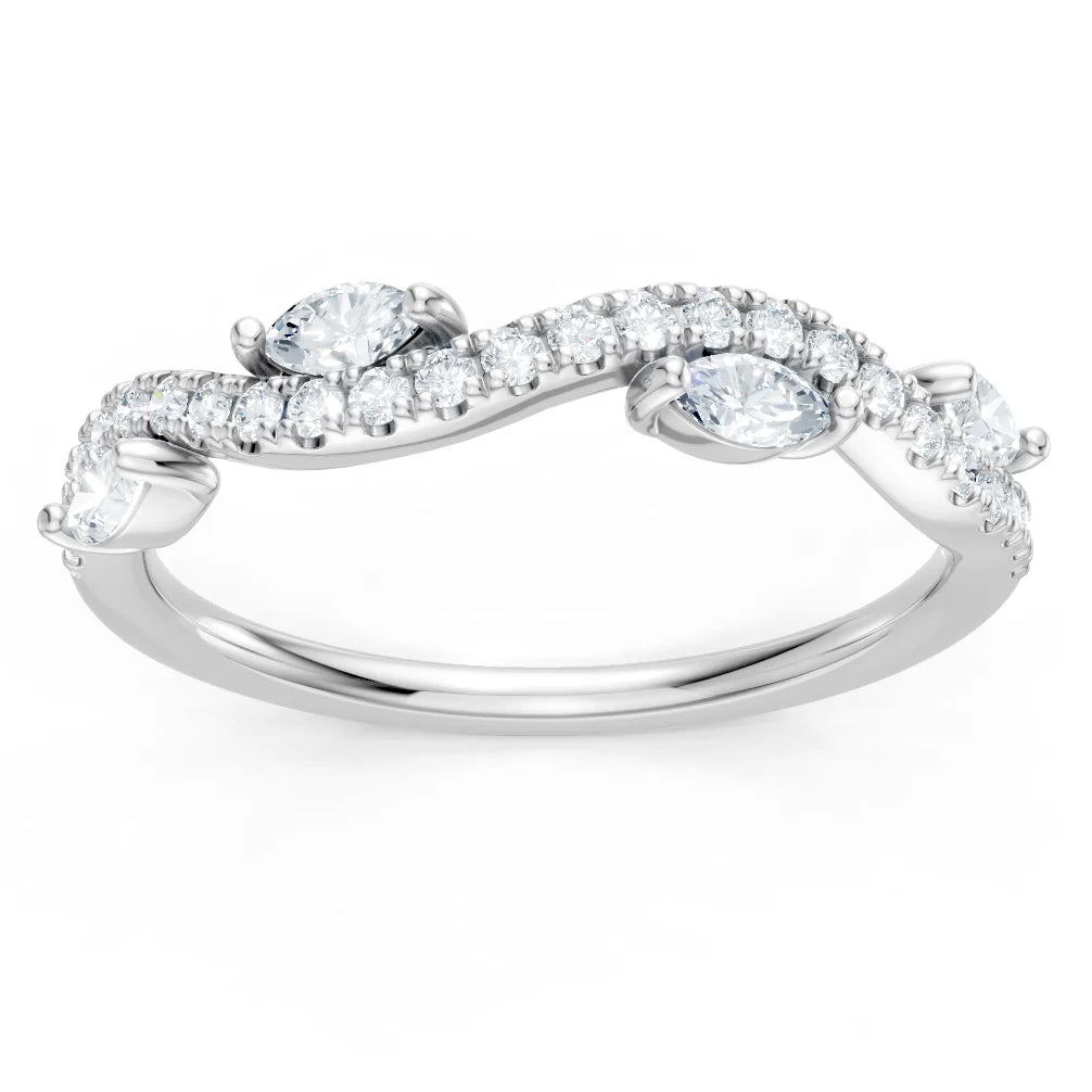 A silver-tone split-band ring featuring marquise-cut center stones and rows of small round stones, shown on a plain white background.