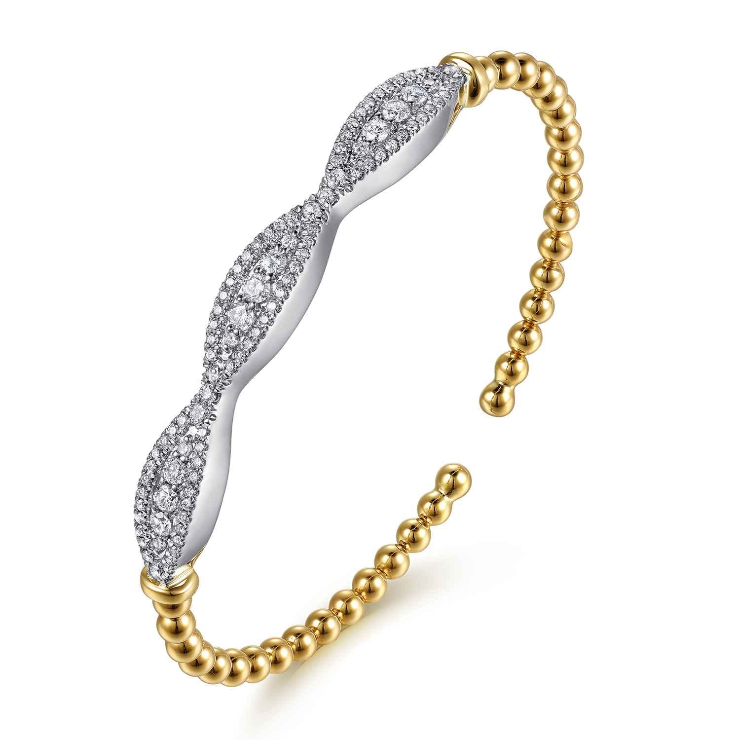 A two-tone open cuff bracelet featuring a silver pavé diamond twisted center with a gold beaded outer band, shown on a clean white background.