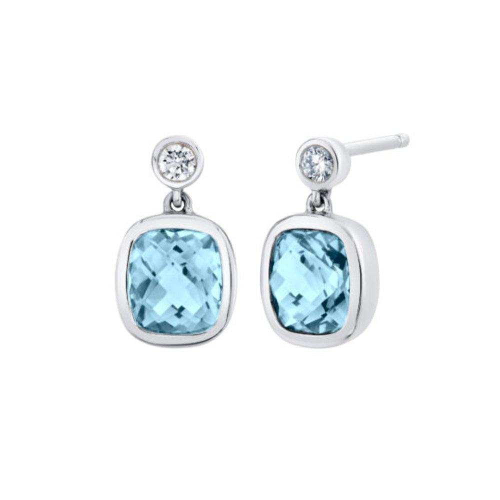 White Gold Aquamarine Drop Earrings with round diamond Accent