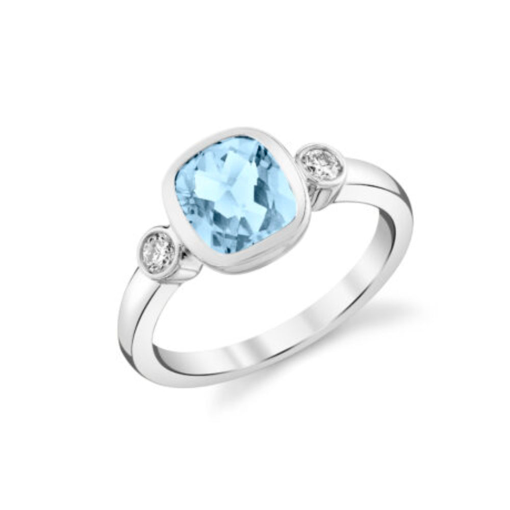 White Gold Ring with Cushion Bezel Aquamarine and Bezel Side diamond  accents 