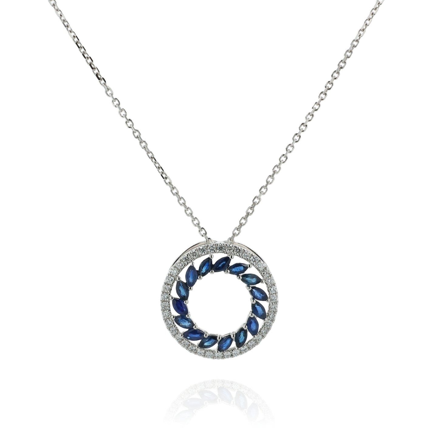18k White Gold 16-18" Sapphire and Diamond Open Circle Pendant Necklace