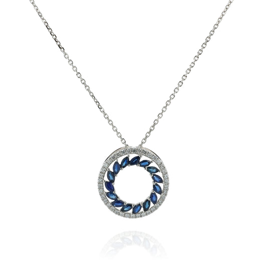 18k White Gold 16-18" Sapphire and Diamond Open Circle Pendant Necklace