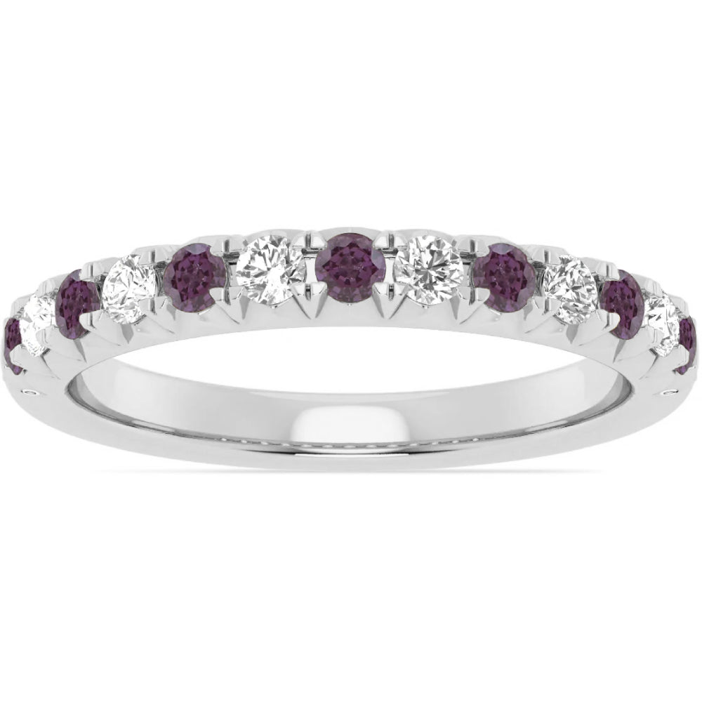 14k White Gold Alternating Alexandrite and Diamond Half Way Band