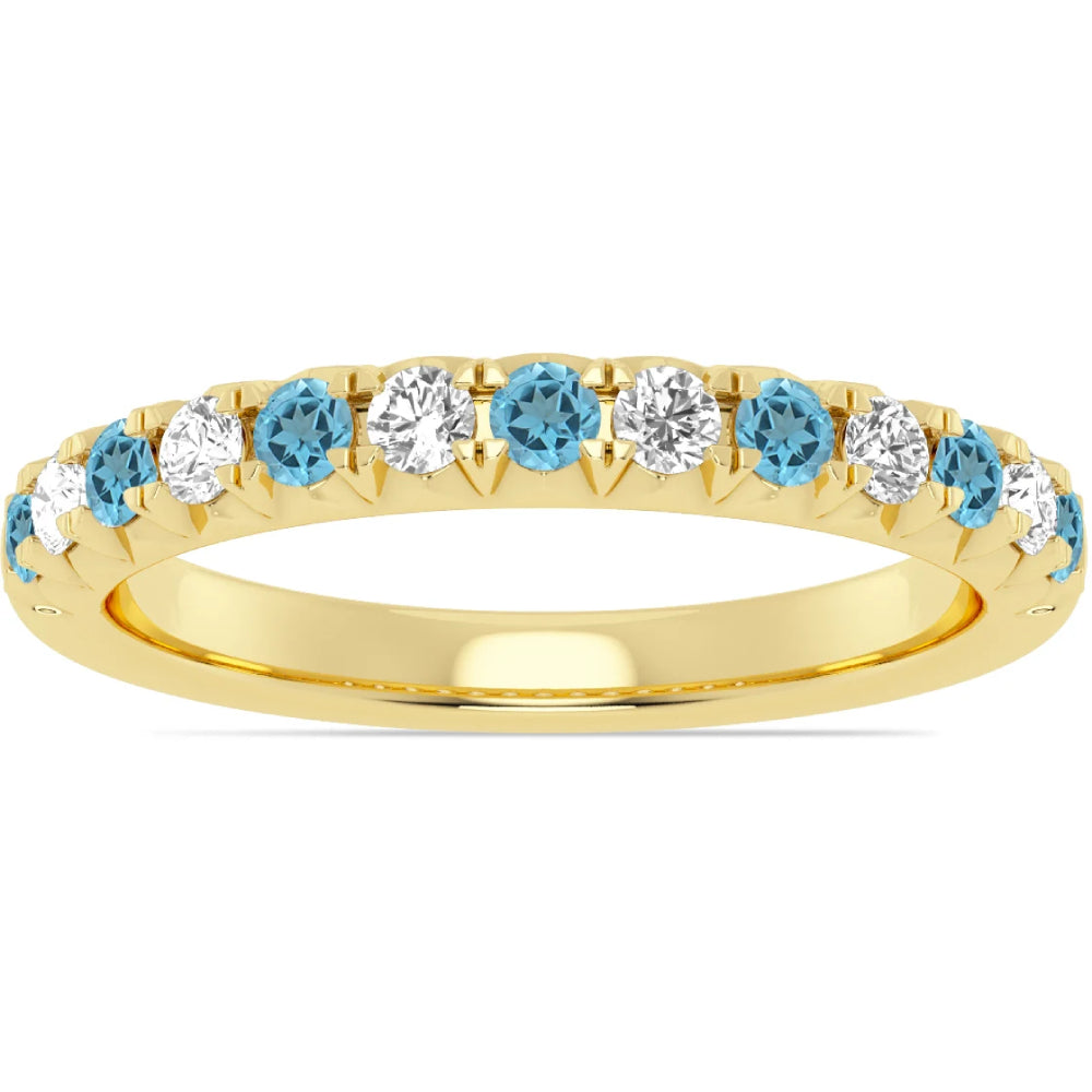 14k Yellow Gold Alternating Blue Topaz and Diamond Half Way Band