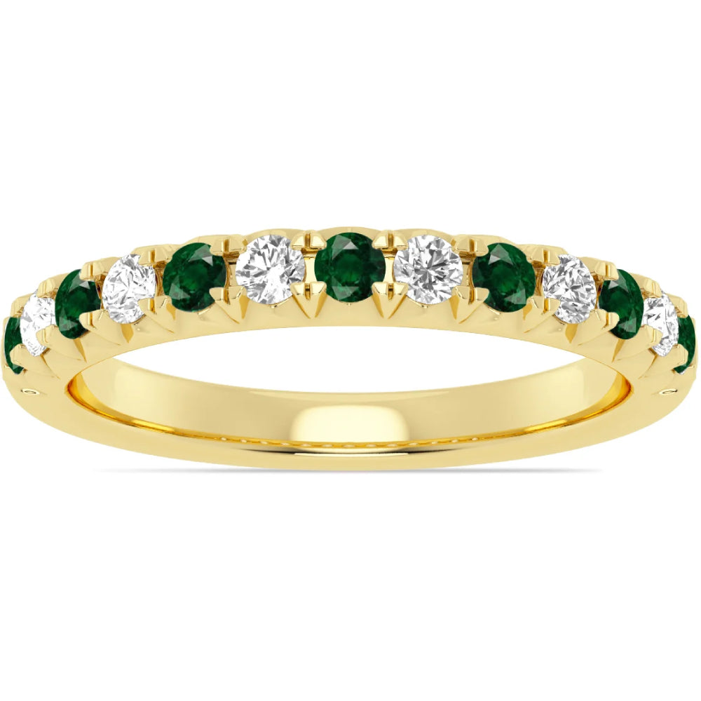 14k Yellow Gold Alternating Green Emerald and Diamond Half Way Band