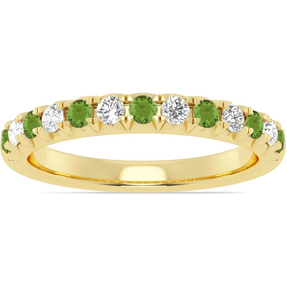 14k Yellow Gold Alternating Green Peridot and Diamond Half Way Band