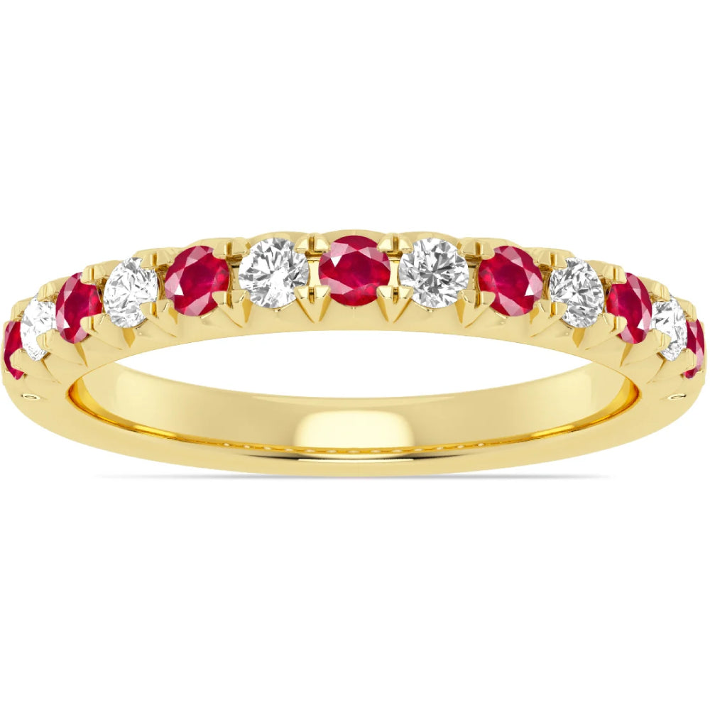14k Yellow Gold Alternating Red Ruby and Diamond Half Way Band