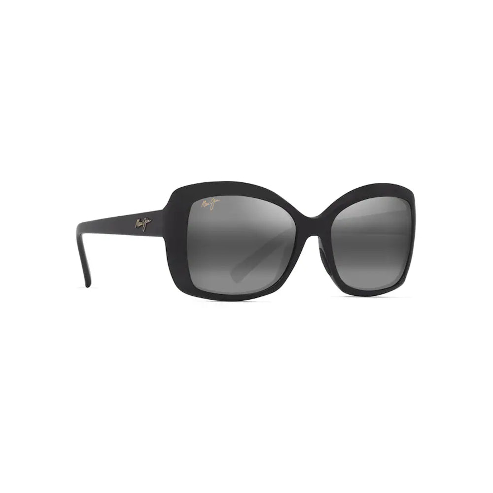 Black sunglasses with a reflective lens on a white background