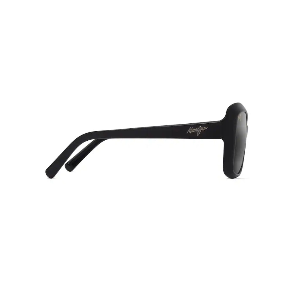 Black sunglasses with a brand logo on a white background