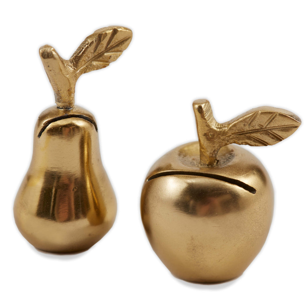Gold pear and apple-shaped containers with leaf accents on a white background