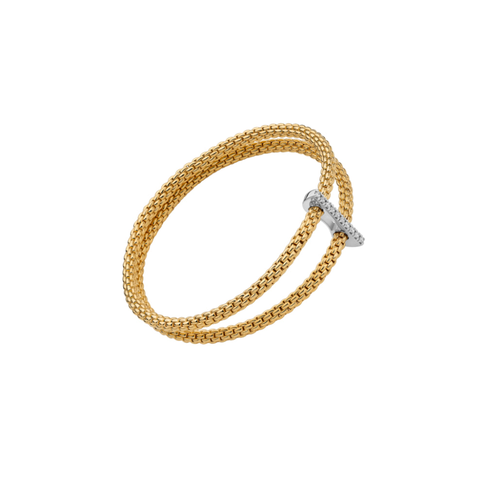 A double-strand gold chain link bangle bracelet with a silver-toned T-bar clasp, shown on a plain white background.