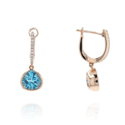 14k Gold Pear Shape Blue Topaz and Diamond Drop Earrings