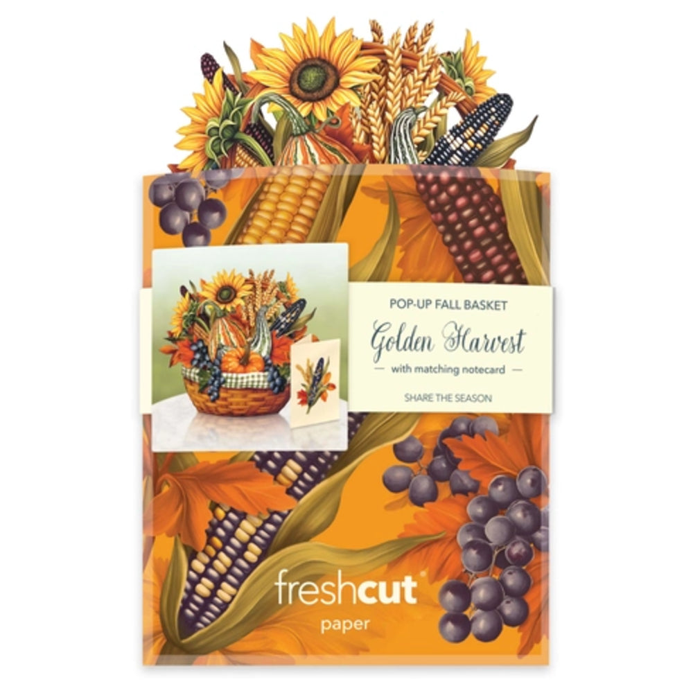 A pack of Fresh Cut 'Golden Harvest' pop-up fall basket matching notecards, featuring an autumn harvest illustration with sunflowers, corn, grapes, and leaves on an orange background.