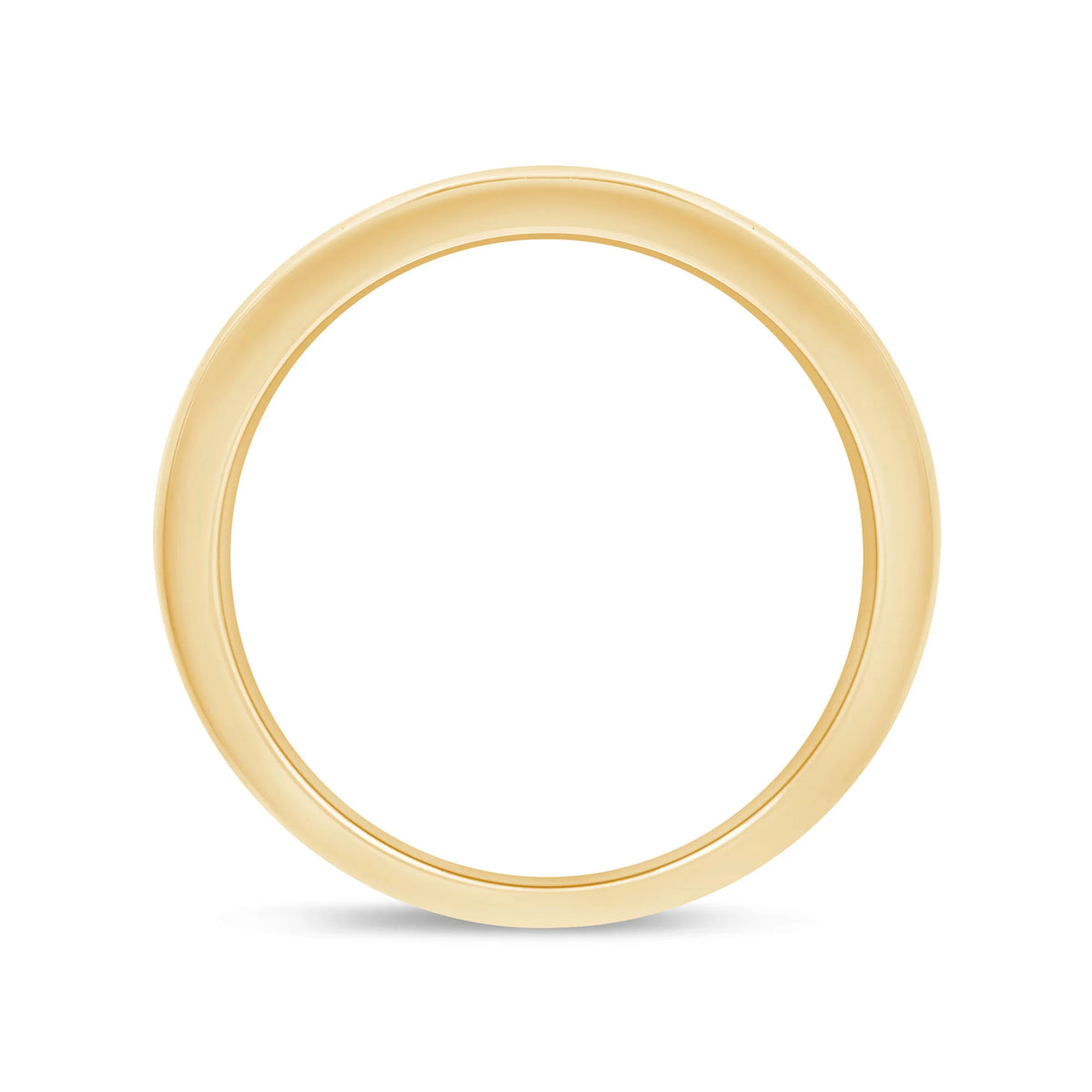 A thick, polished yellow gold band ring shown from a top-down perspective on a clean white background.