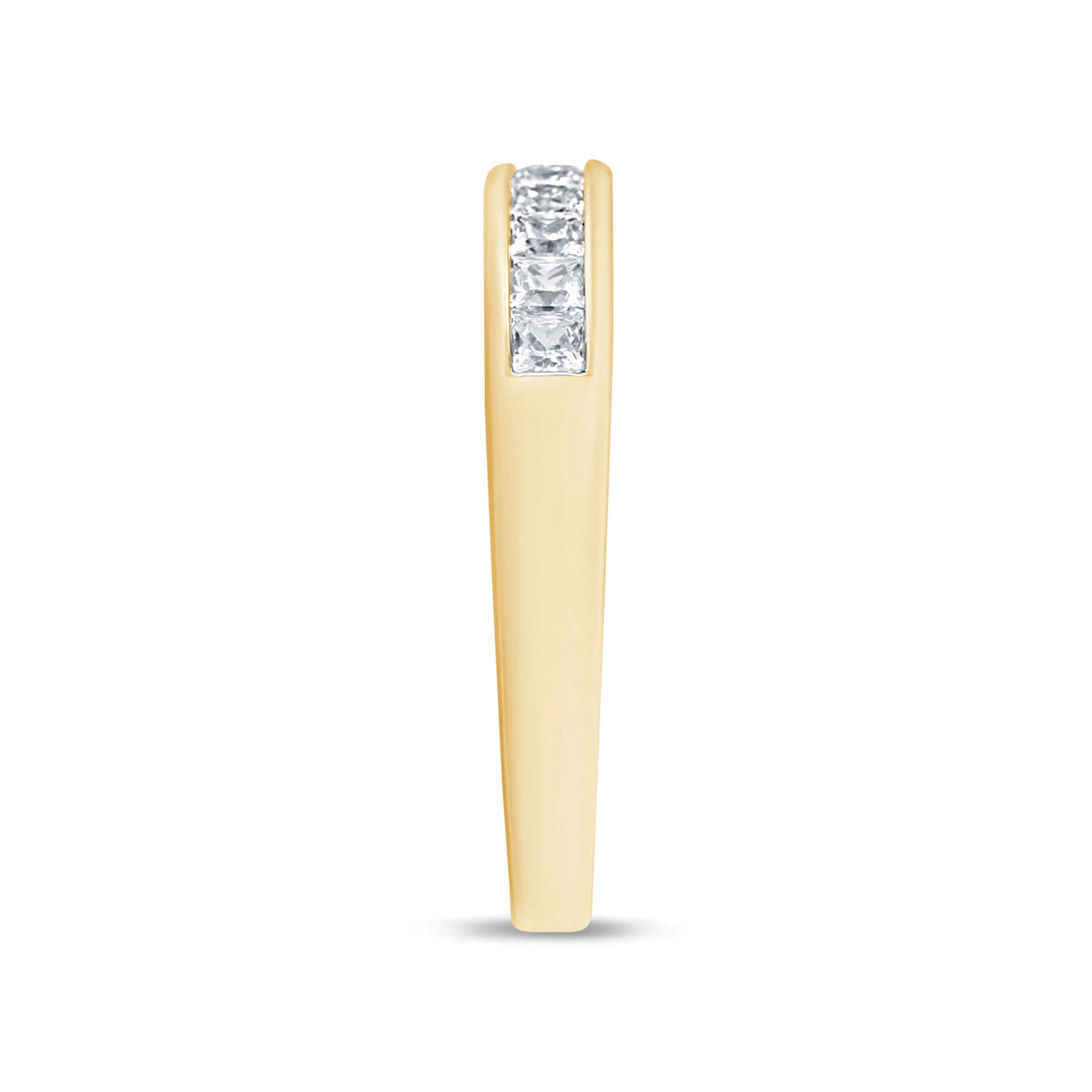 A slim yellow gold ring featuring a rectangular bezel-set row of four clear round-cut gemstones at the top, shown against a plain white background.