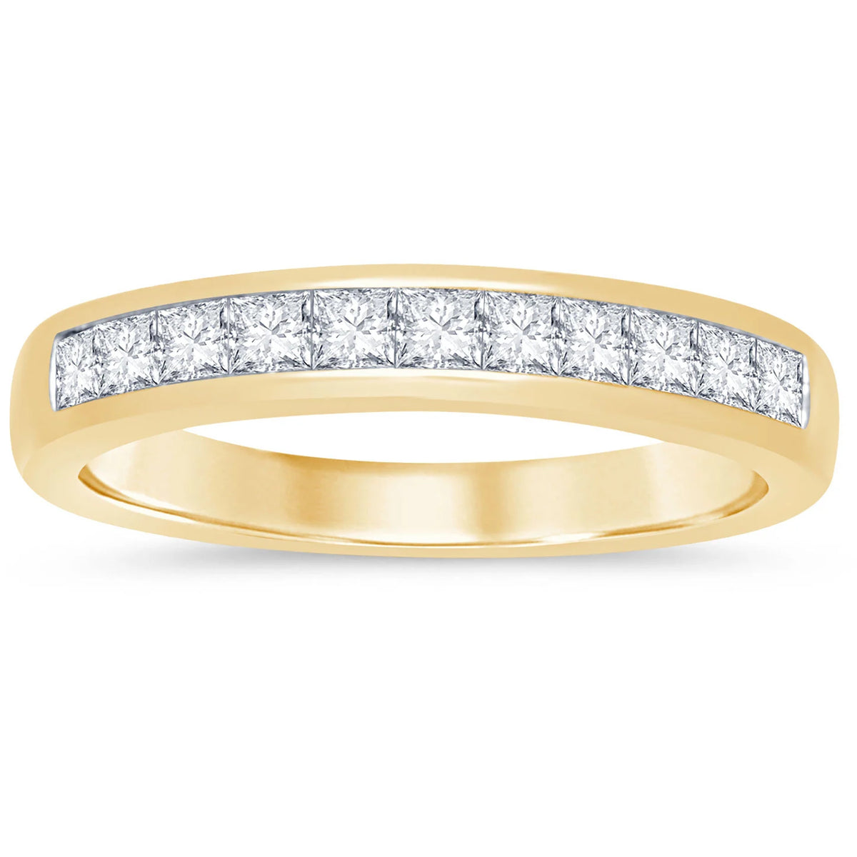 A yellow gold eternity-style ring featuring a channel-set row of clear round-cut gemstones across the top, shown on a plain white background.