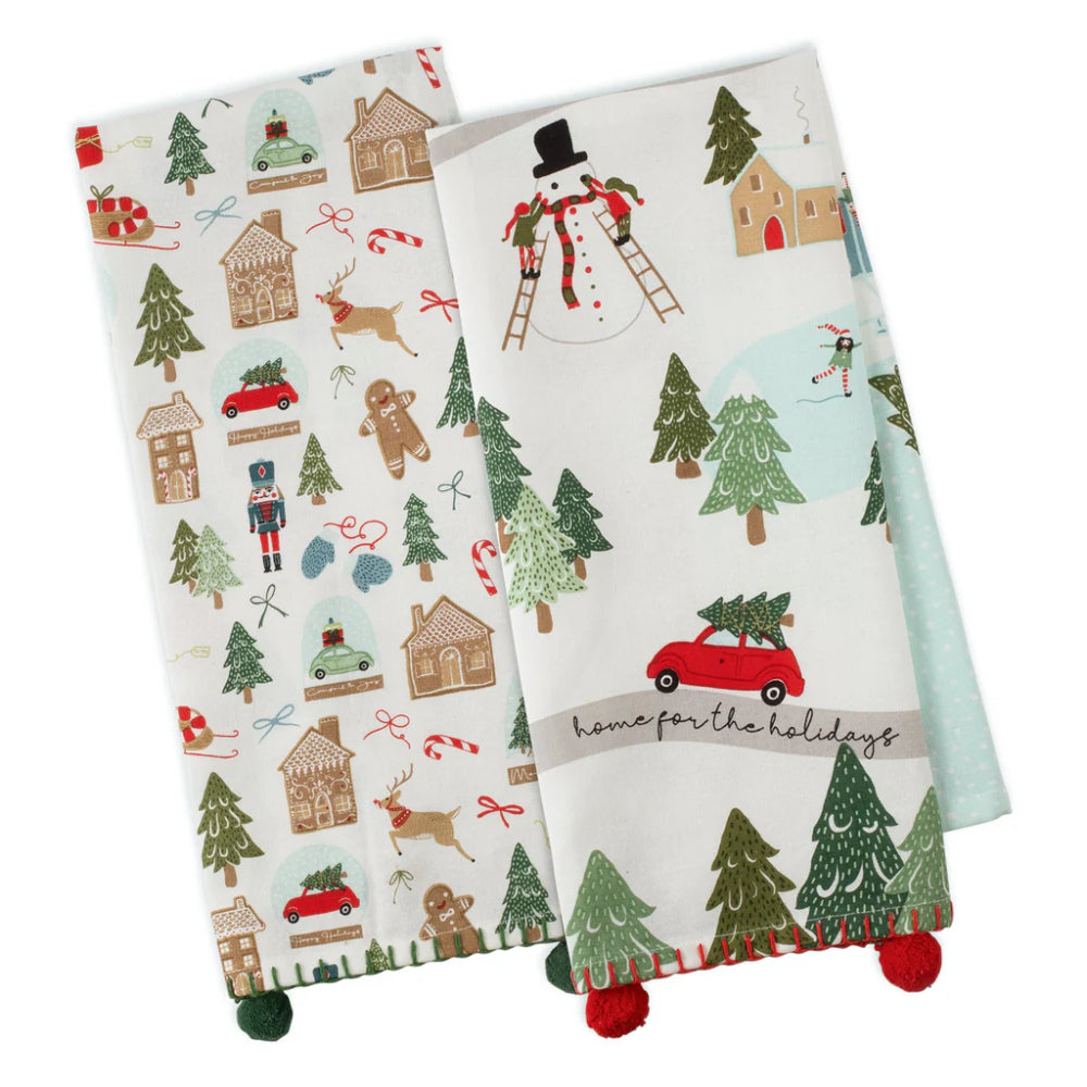 Two Christmas-themed kitchen towels with festive patterns on a white background.