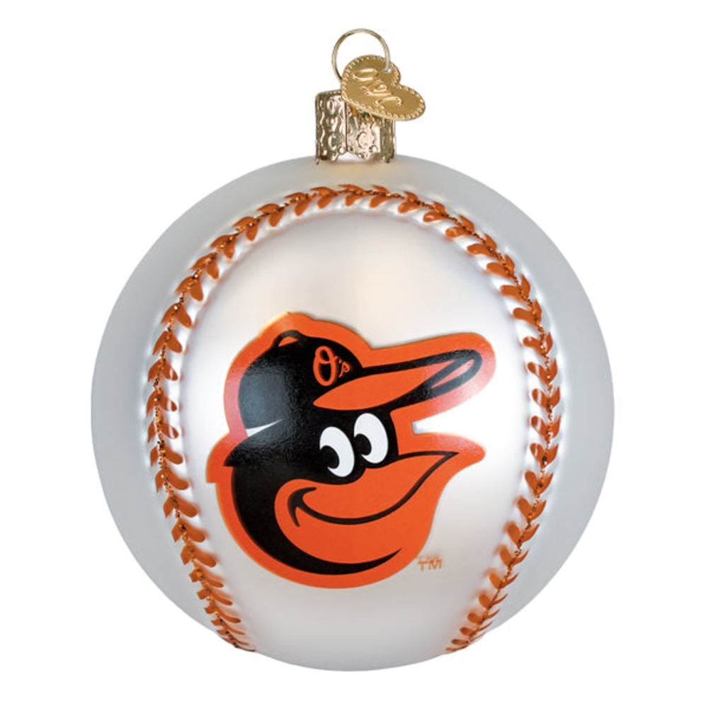 Glass ornament shaped like a baseball with a logo on a white background
