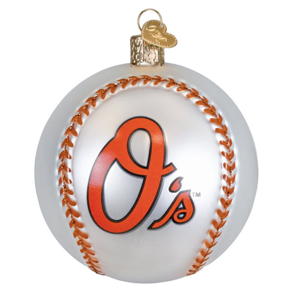 A glossy white Christmas ornament shaped like a baseball, featuring the Baltimore Orioles logo in orange with black outline and a gold hanging loop at the top, shown on a plain white background.