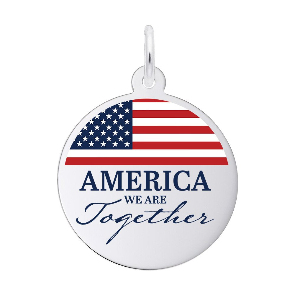 Silver disc charm with American flag and 'America We Are Together' text on a white background