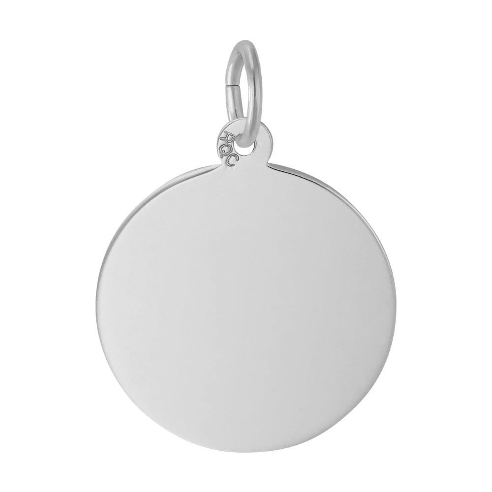 A blank, polished silver disc charm with a small hanging loop at the top, shown on a solid white background.