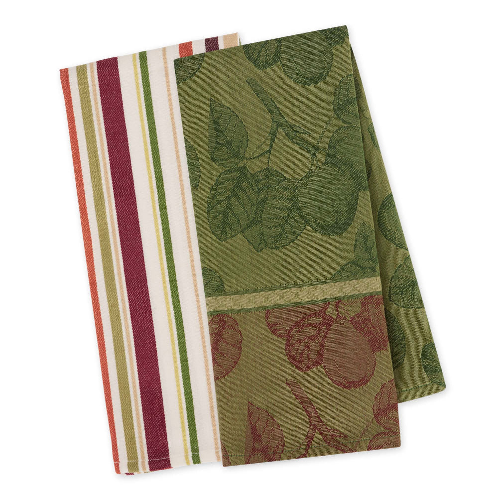 Two kitchen towels, one striped and one with fruit pattern, on a white background