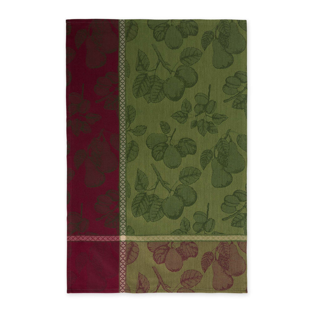 Two fabric swatches, one red and one green with leaf patterns, on a white background.