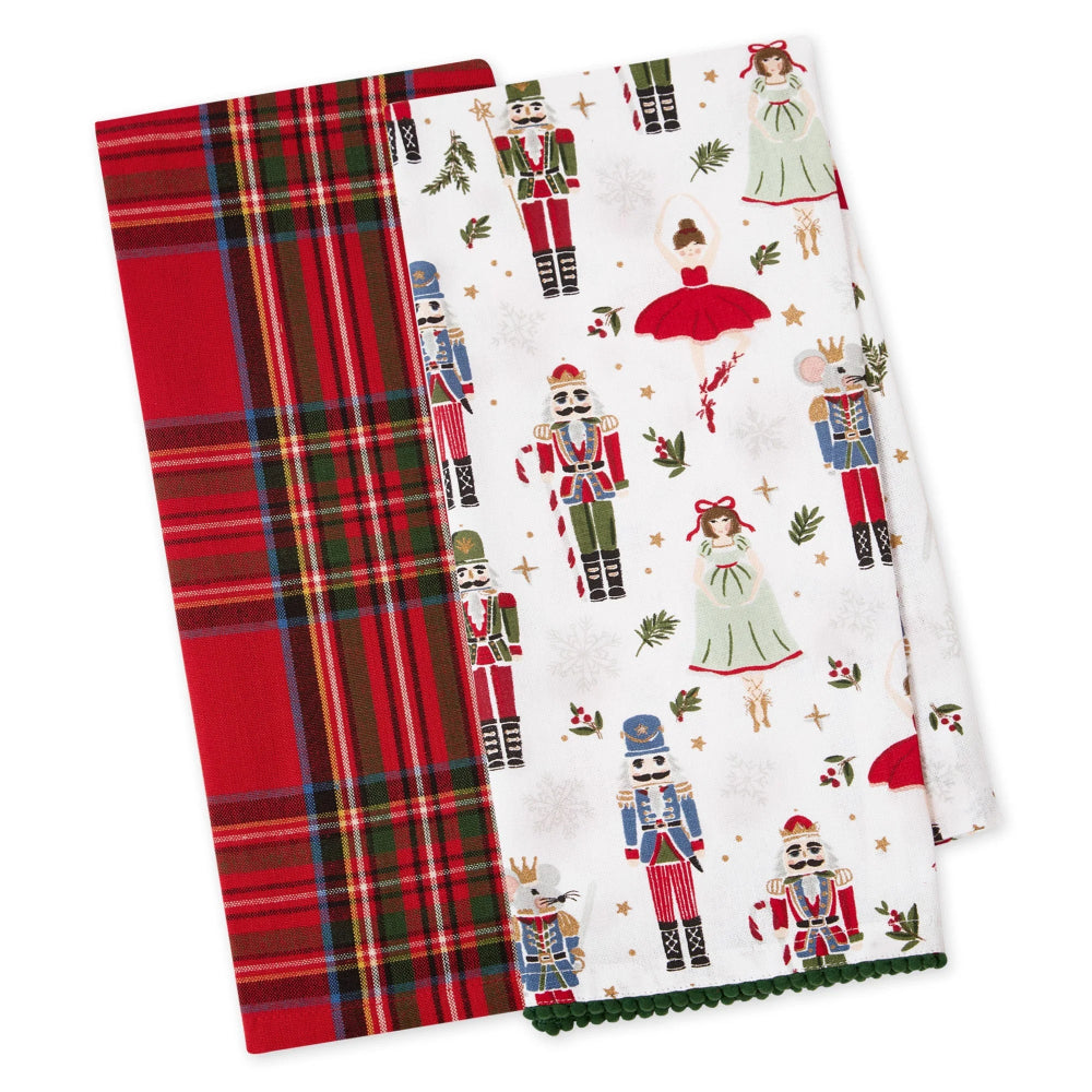 Two Christmas-themed kitchen towels, one plaid and one with nutcracker design, on a white background.