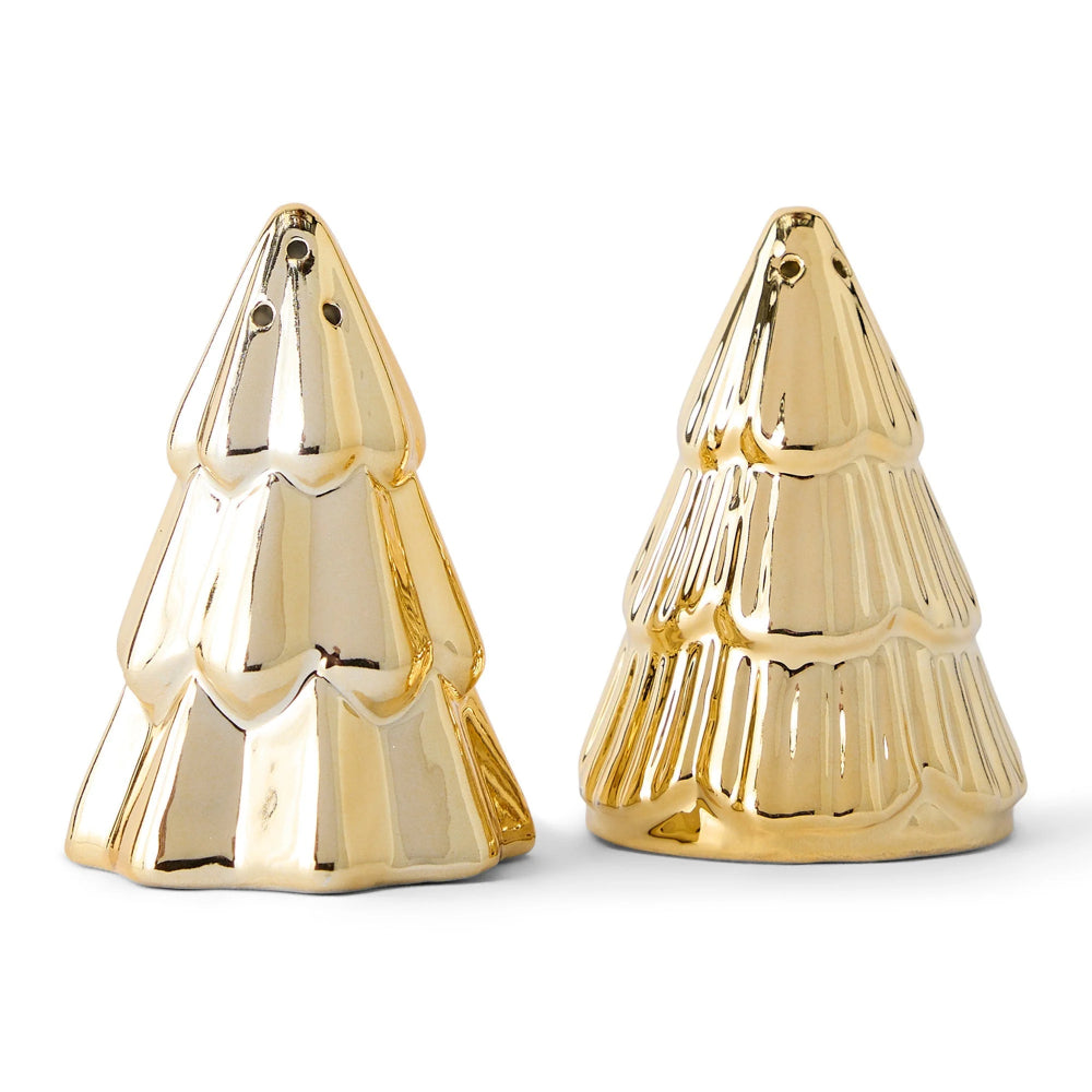 Pair of gold tree-shaped salt & pepper shakers on a white background