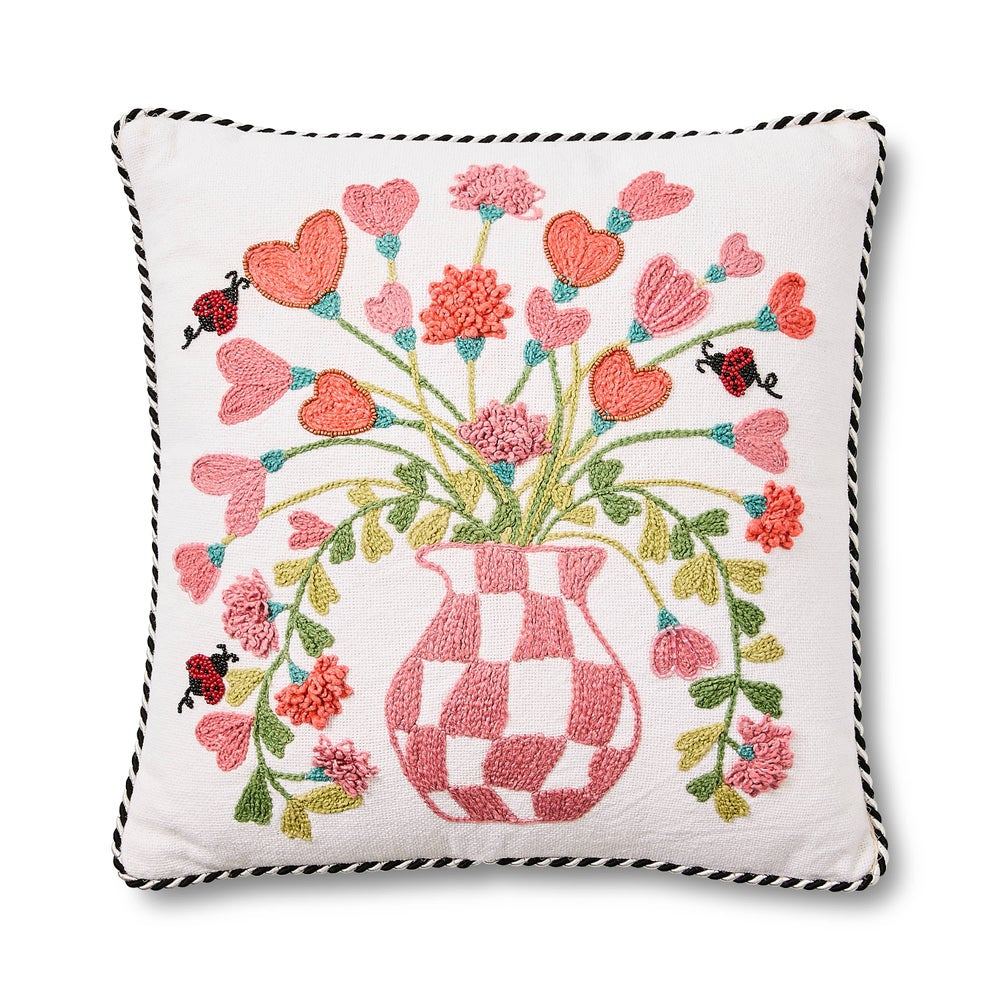 MacKenzie-Childs Pink Check Hearts Bouquet Throw Pillow