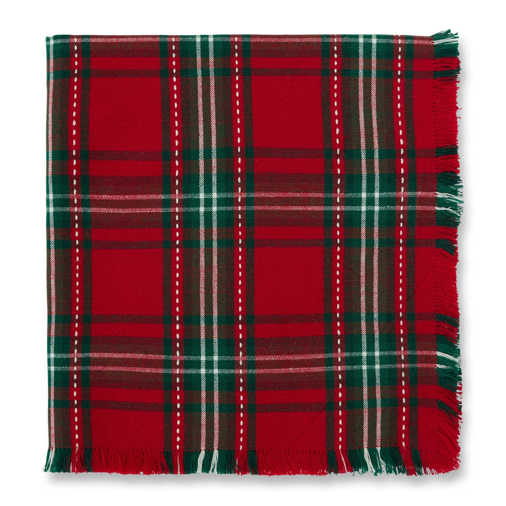 A square red tartan plaid throw blanket with green, white, and brown stripes, finished with fringed edges, shown flat on a white background.