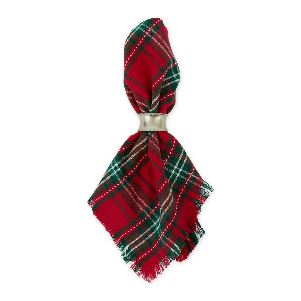 A red and green tartan plaid fringed scarf tied with a silver metal band, shown on a plain white background.