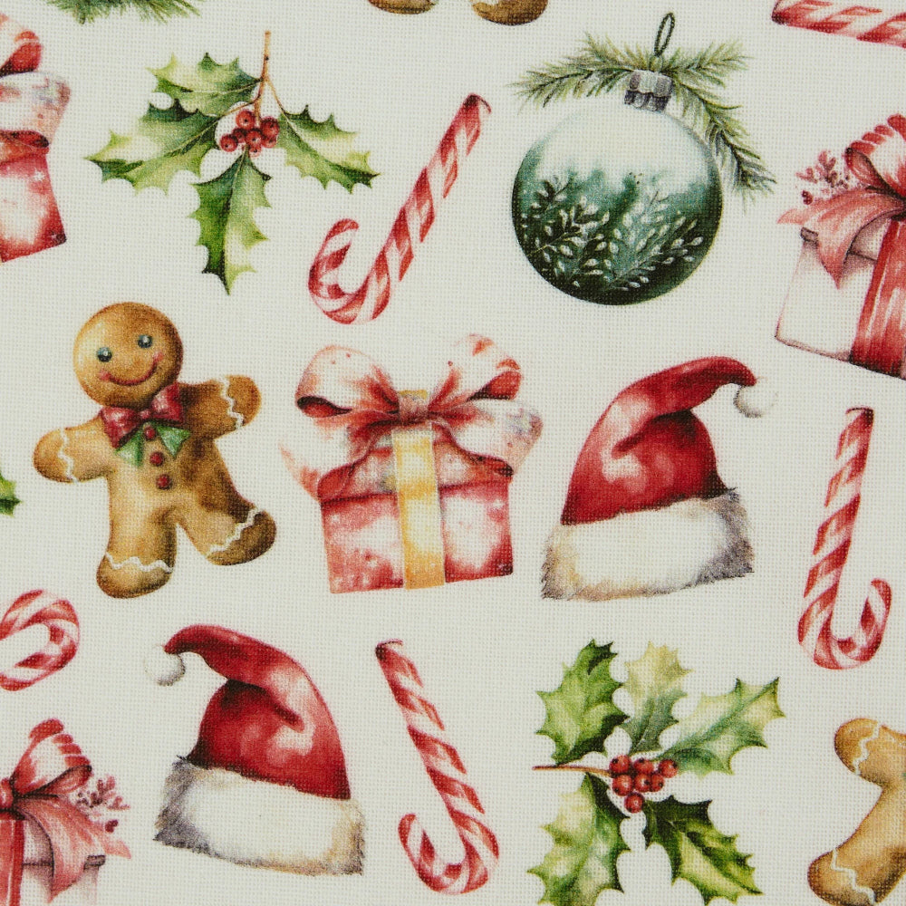 A close-up of a Christmas-themed fabric pattern featuring watercolor illustrations of gingerbread cookies, candy canes, holly, ornaments, gifts, and Santa hats on an off-white background.
