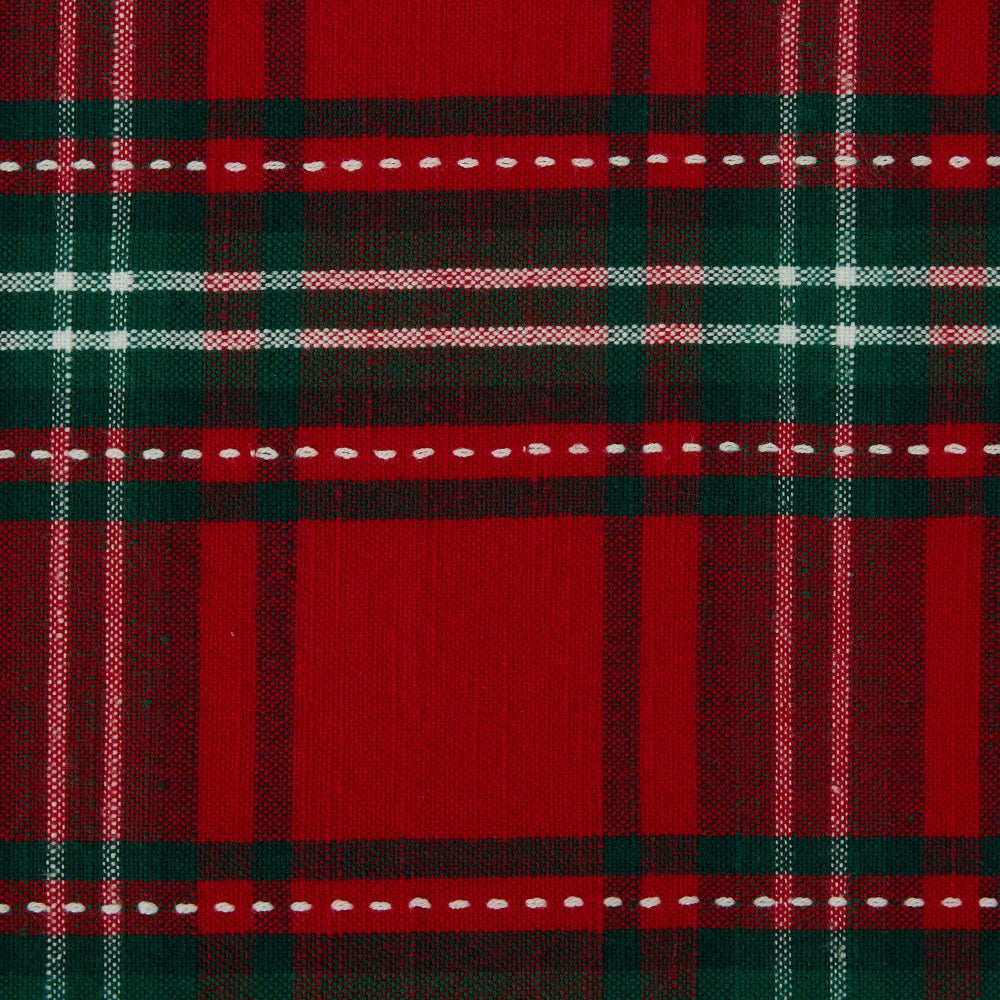Red and green plaid fabric with white dashed stripe accents, shown as a close-up texture.