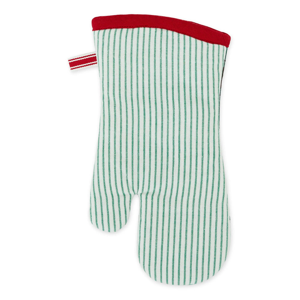 A single fabric oven mitt with a white base, green vertical pinstripes, and a red cuff, shown on a plain white background.