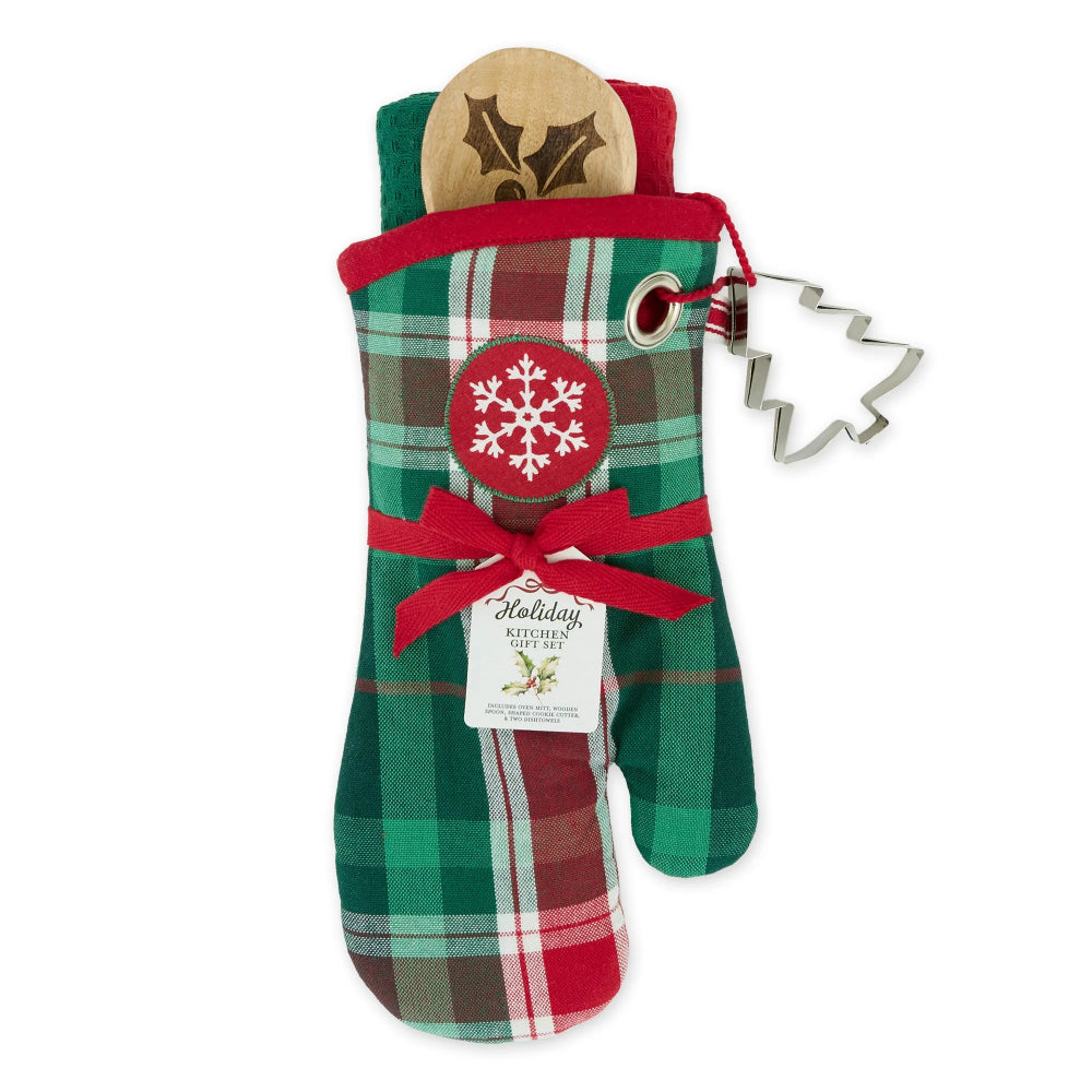A Christmas-themed oven mitt with a green and red plaid pattern, a red ribbon bow, a red snowflake patch, and a hanging metal cookie cutter ornament, shown on a white background.