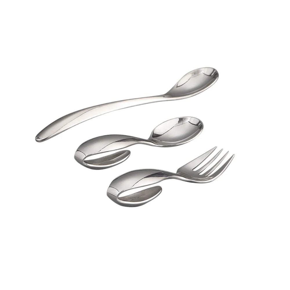 Set of silver spoons and fork on a white background