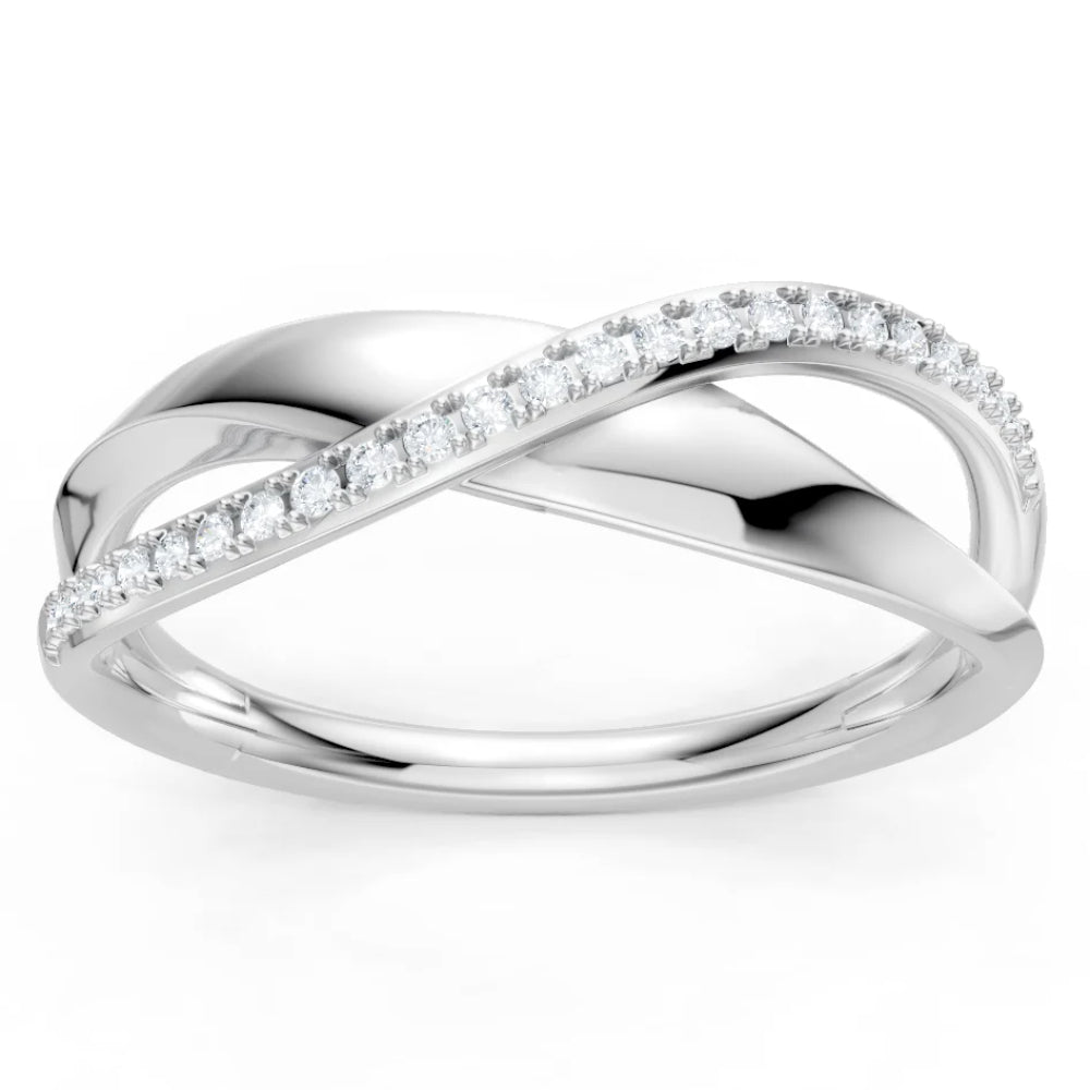 A silver-toned twist band ring featuring a curved row of clear pavé-set gemstones along the top, shown on a clean white background.