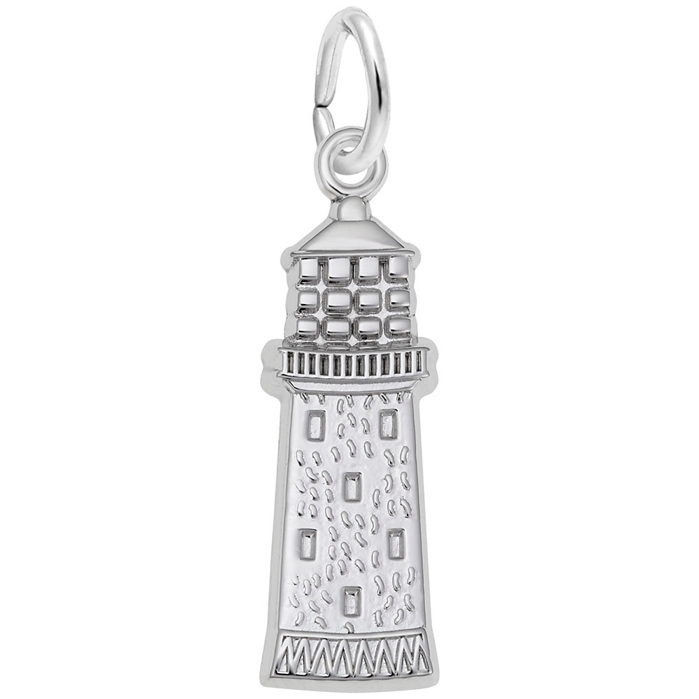 A silver lighthouse charm with a textured body, detailed windows, and a top hanging loop, shown on a plain white background.