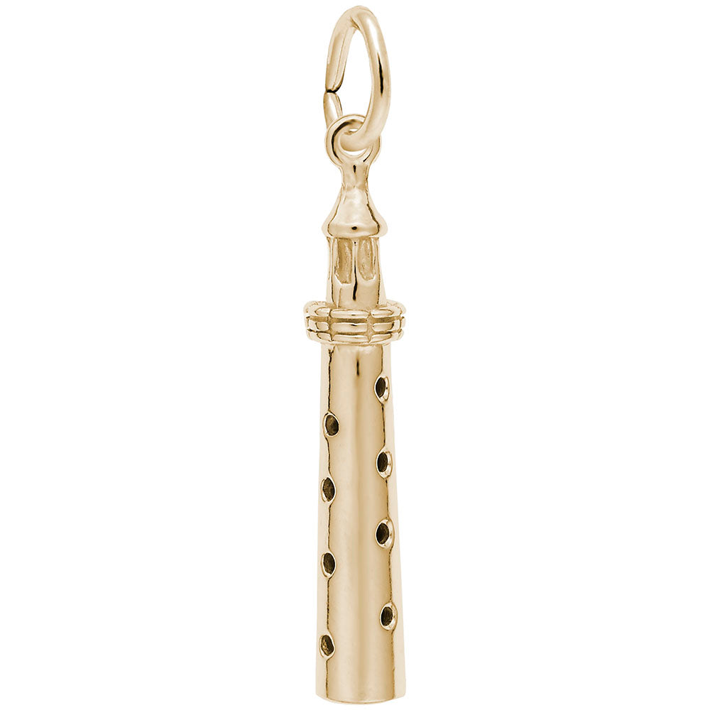 A polished gold charm shaped like a lighthouse, shown on a plain white background.