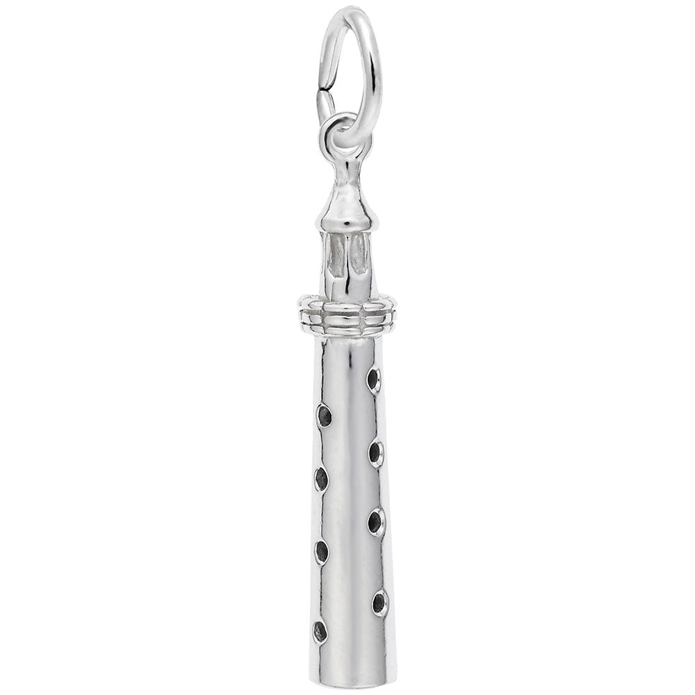 A polished silver charm shaped like a lighthouse, shown on a plain white background.