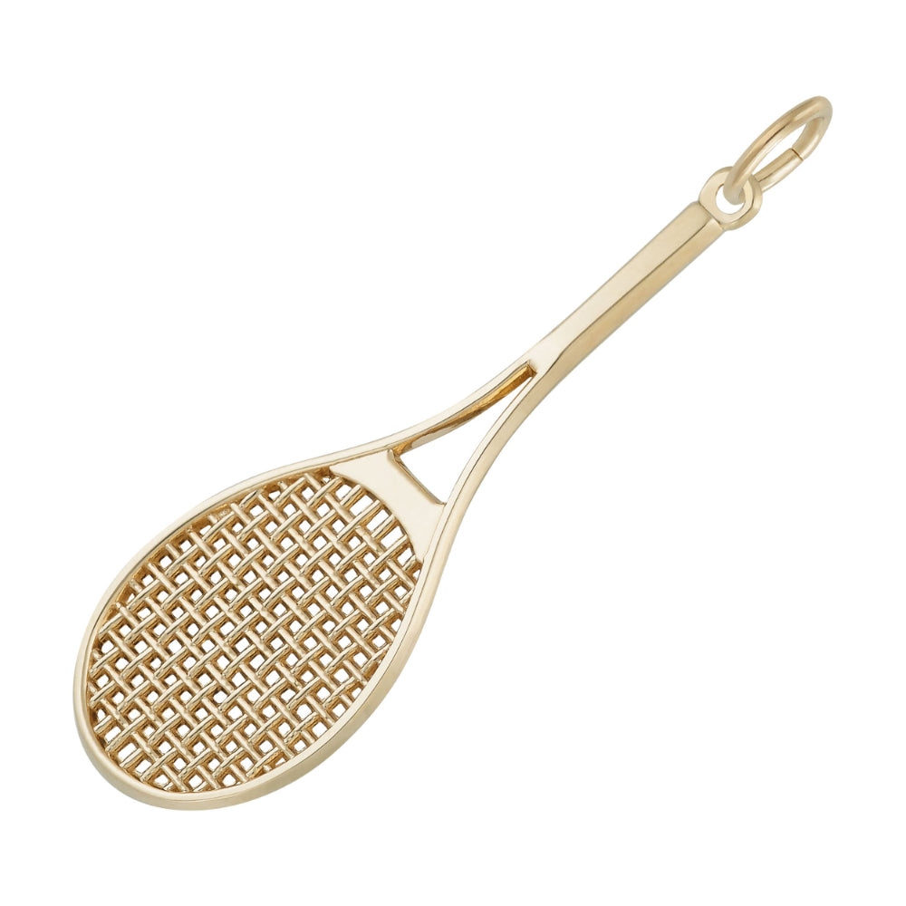 A gold tennis racket charm with a detailed open-weave head, shown on a plain white background.