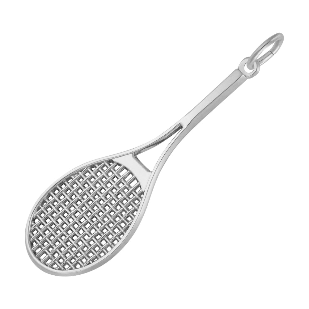 A silver tennis racket charm with a detailed open-weave head, shown on a plain white background.