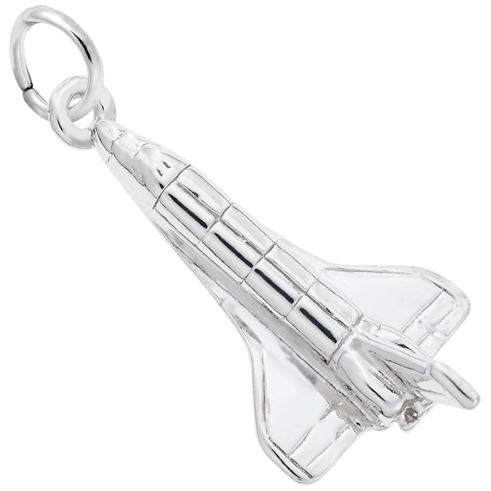 Silver space shuttle charm on a white background